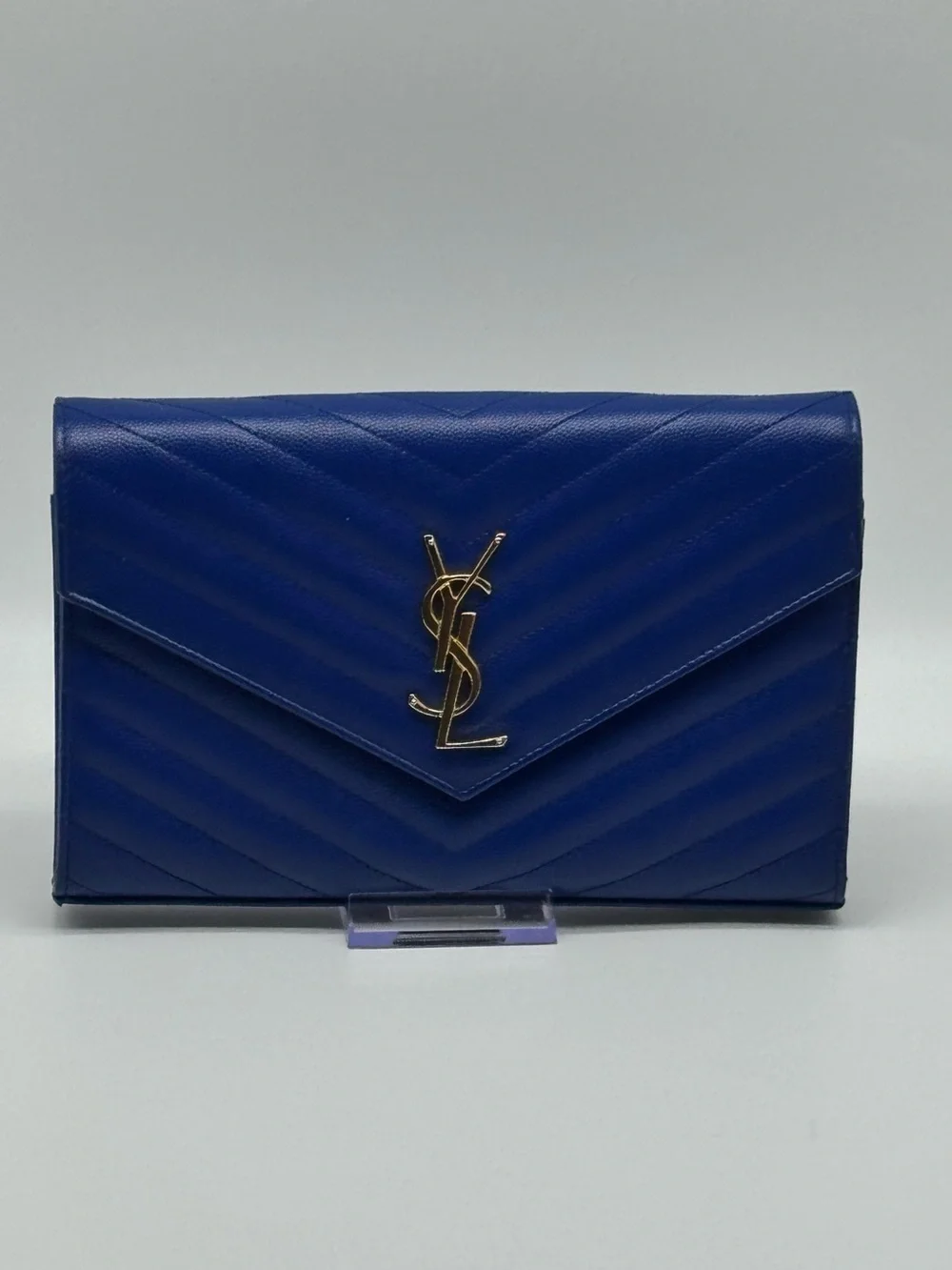Yves Saint Laurent Chevron-Quilted Envelope Clutch in Cobalt Blue with Gold Logo